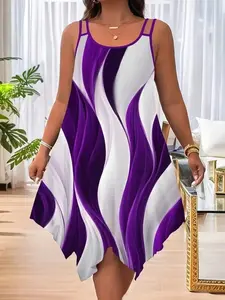 Plus Size Women's Purple Striped Print Asymmetric Hem Sleeveless Dress for Summer Vacation & Casual Nights Out Cold Shoulder Midi Fit - Soft Stretchy Fabric - Womenswear