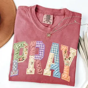 Comfort Colors Pray PRINTED T-shirt Faux Quilted Religious Faux Easter Christian Varsity Faith Tshirt Preppy Cottagecore Jesus Gift