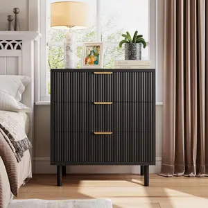 Black Fluted 3 Drawers Dresser Wide Wood Chest of Drawers Modern Storage Dresser Chest of Drawers Organizer with Metal Legs and Anti-Tipping Device for Bedroom Living Room