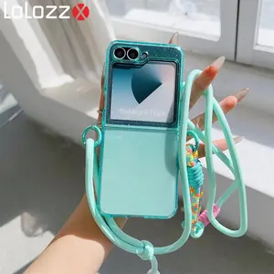 Crossbody Lanyard Solid Color Transparent Phone Case For Samsung Galaxy Z Flip 7 6 4 3 Flip6 Flip5 Flip4 Flip7 Shockproof Cover