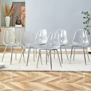 ARCH Modern minimalist transparent dining chair, plastic chair, armless crystal chair, Nordic creative makeup stool, negotiation chair, silver plated metal leg 6-piece set, TW-1200