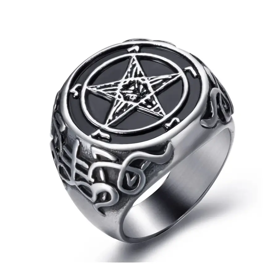 New Man Ring Pentagram Baphomet Goat Sulfur Leviathan Cross Satan Devil Symbol Ring Jewelry Wholesale