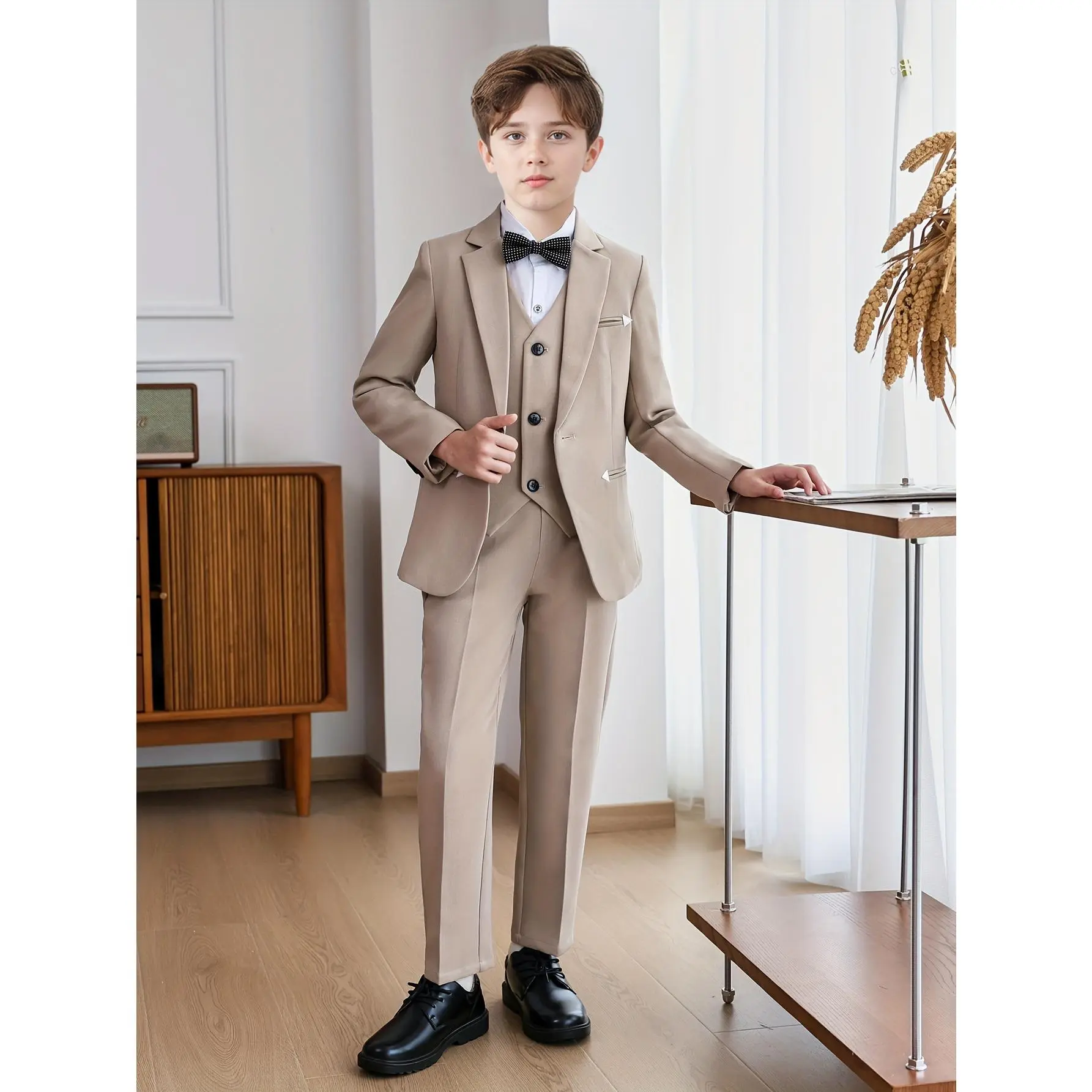Boys' 4-Piece Formal Suit Set - Vest, Bow Tie, Solid Woven Korean Style Clothing for Weddings, Recitals