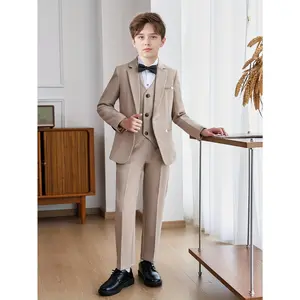 4pcs Boys Solid Color Suit Set with Bow Tie, Lapel Collar, Long Sleeve Party Suit with Vest and Pants, Non-Stretch Woven Fabric, Polyester and Spandex Blend, Ideal for Weddings, Piano Competitions,  Birthday Gifts - Stylish Korean Fashion Formal Kid