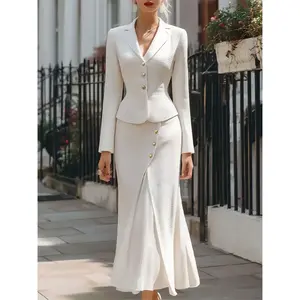 Elegant woven textured buttoned waistcoat jacket & mid-length dress set, slim fit, office chic, sexy commuting daily wear