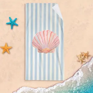 1pc Modern Creative Design Shell Pattern Beach Towel, Striped Background, Super Absorbent and Quick-Drying Swimming Towel, Lightweight and Soft Beach Blanket, Gift for Family and Friends, Suitable for Travel, Swimming, Camping, Yoga, Fitness, -2D