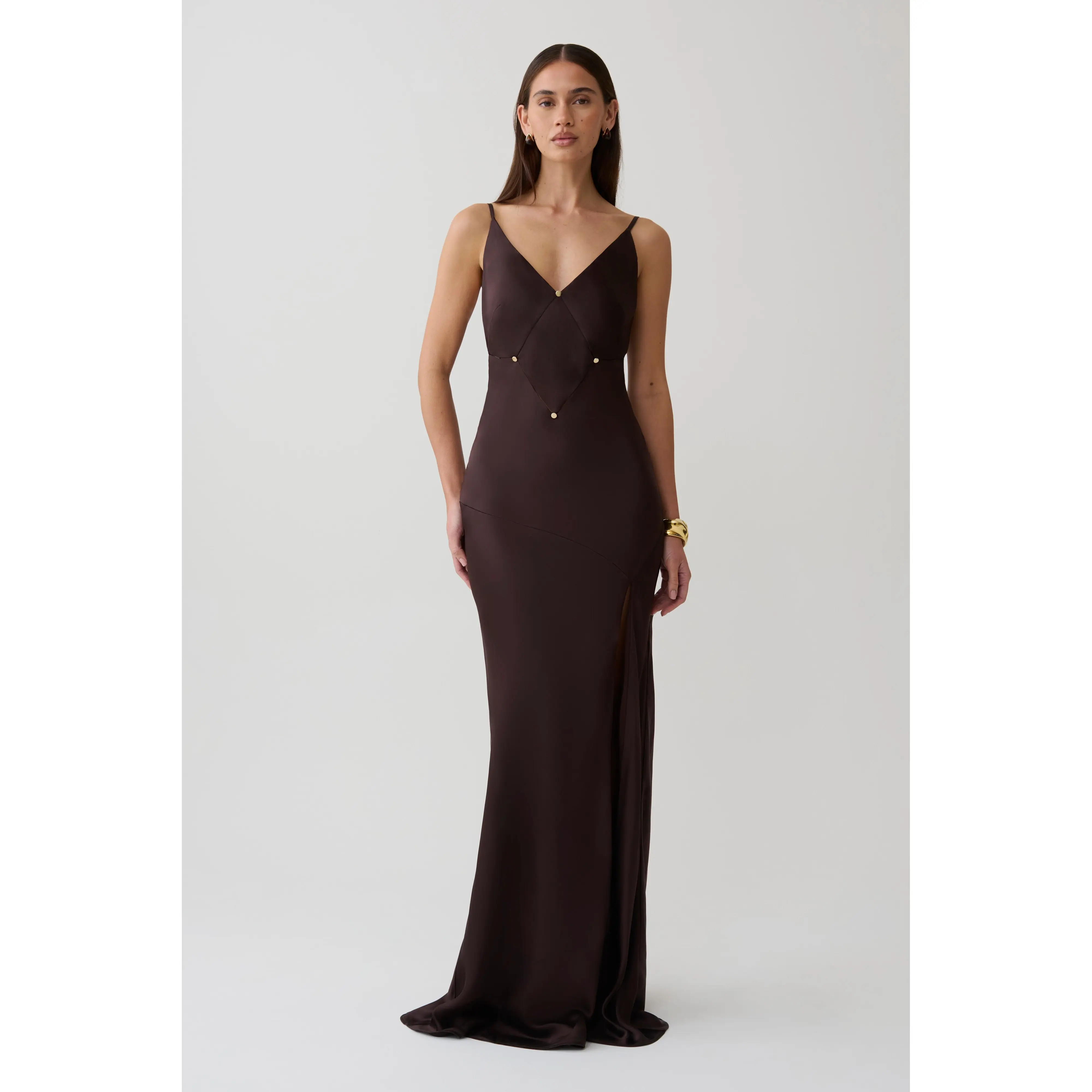Maddison V Neck Satin Maxi Dress - Dark Chocolate