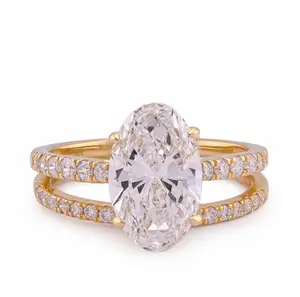 14K Yellow Gold 3.40CT Oval Cnetre Solitaire Lab Diamond Women Ring with Band