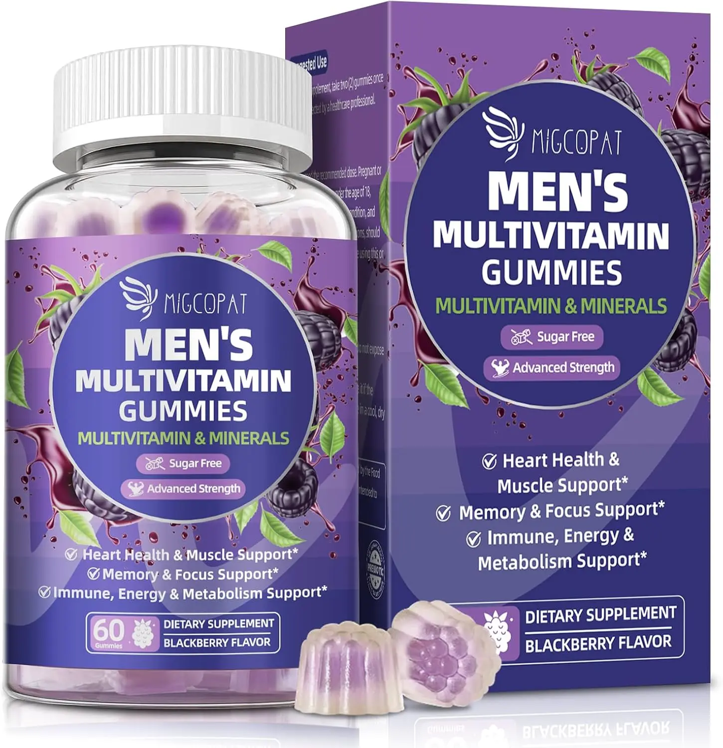 Migcopat Men's Multivitamins Gummies w/Omega-3,Probiotics,Inositol,Folate,Biotin,Zinc,Vitamins A C D E B Complex–Supports Overall Wellness,Heart, Brain,Muscle & Energy–Sugar-Free Blackberry Flavor–Male Daily Nutrition&Fitness Support Supplement