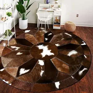 Round Cowhide Pattern Area Rug, Non-slip Washable Rug, Decorative Carpet for Home Living Room Bedroom Office, Home Decor