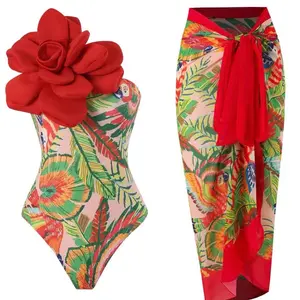 Bikini set flower one pierce suimsuit and sarong for women
