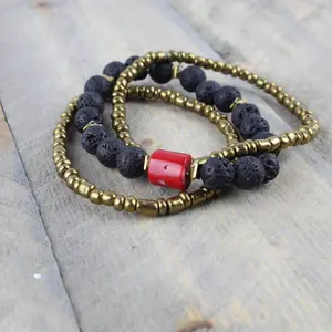 Diffuser Bracelet 3 stack with Lava Stones, Red Coral and Hematite - Aromatherapy Jewelry - Essential Oil -  Great Gift