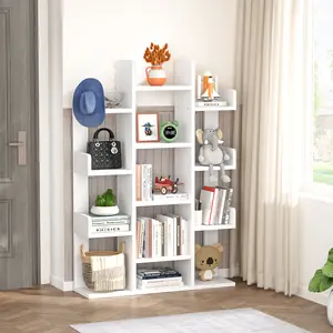 Aheaplus Bookshelf, Tree-Shaped Bookcase Storage Shelf with 13 compartments, Books Organizer Display Cube Shelves, Industrial Free Floor Standing Wood Open Bookshelves for Home