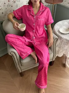 Women's Retro Sweet Cool Leopard Print Pajama Set, Ice Silk Cooling, Short Sleeve Long Pants, Home/travel/gift, Casual Slim-Fit, Sleepwear Pajamas Set