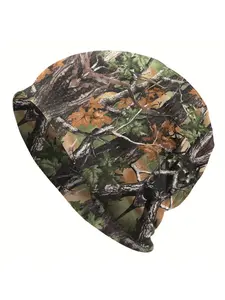 Men's Camouflage Print Beanie Hat - Camo Pattern with Autumn Leaves & Branches Design, Stretchy Knit Winter Hat for Outdoor A