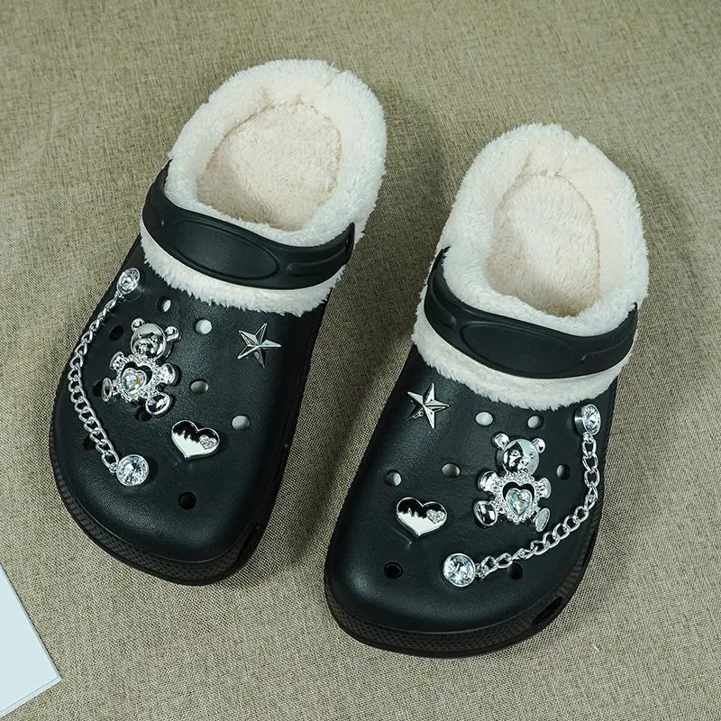 Women's Fuzzy 2-in-1 Slip-On Clogs - Rhinestone Bear Accessories, Chain Strap, Fleece-Lined Upper Feels Plush Inside, Non-Slip Flexible EVA Sole, Ankle-Height Animal Design, Indoor/Outdoor Winter Slippers for Sofa-to-Walk Use