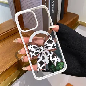 Trendy Cow Print Bow Pattern Clear Magnetic Phone Case, Compatible with MagSafe Silicone Bumper Protective Cover For iPhone X 11 12 13 14 15 16 17 Pro Max Plus