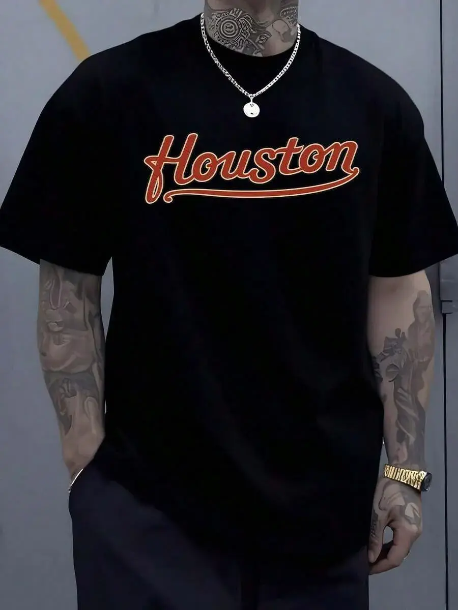 Houston Letter Print Men's Sports 100% Cotton Tee, Oversized Summer Short Sleeve, Streetwear Top For Men