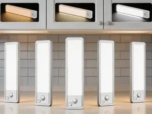 5-pack wireless motion sensor under cabinet LED lights. Rechargeable, dimmable and battery operated. Magnetic mounting design, ideal for kitchen, bathroom, counter and closet lighting.