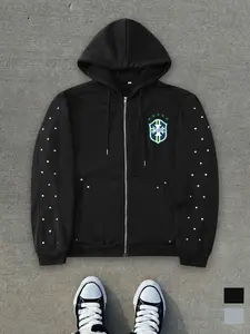 Men's Zipper Hoodie with Brazil Team Logo Print, Rivet Decor, Dual-Layer Pockets, Metal Zipper, Casual Wear for All Seasons