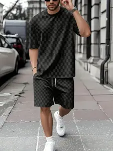 Men's Fitted Round Neck T-Shirt and Shorts Set, Casual Print Design with Paris Lettering for Daily Wear and Vacations