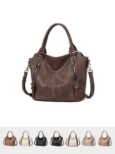 Vintage high-end atmosphere large capacity tote bag, double-sided zipper decoration detail design, lazy and casual versatile single shoulder handbag, suitable for daily shopping, commuting, and attending parties, PU Tote Satchel