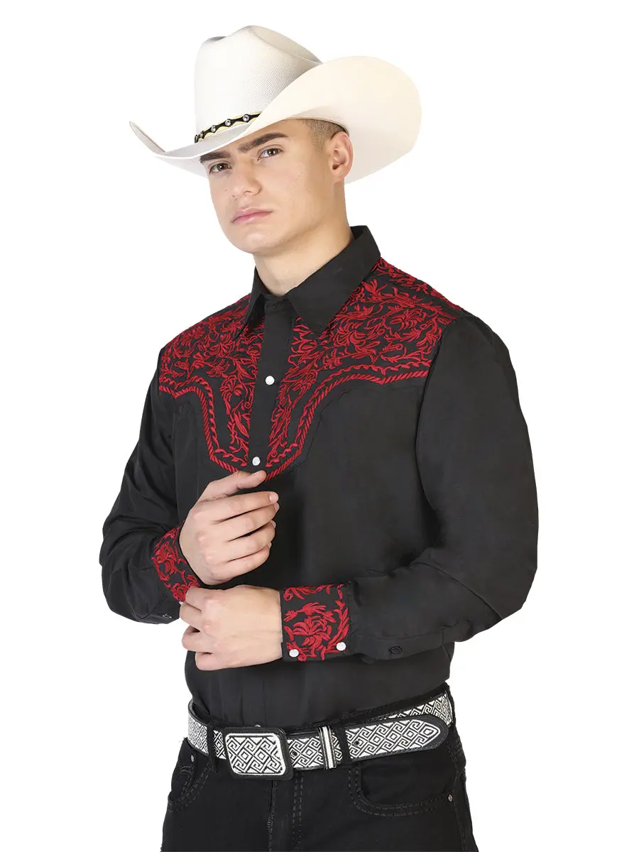 El General Men's Traditional Embroidered Western Charro Shirt - Black/Red 43301