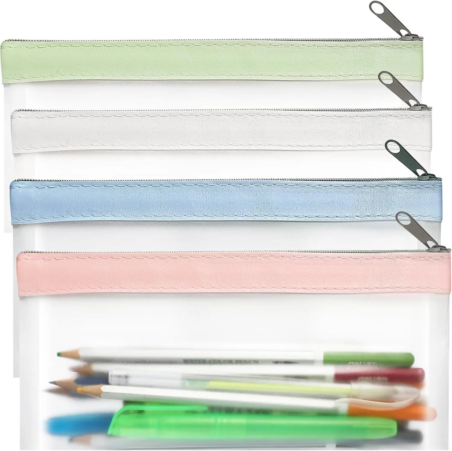 Clear Pencil Pouch 4 Pack with Zipper, Transparent Pencil Case for School, Cute Waterproof TPU Pencil Bag for Pens, Pencils, Makeup, Stationery & Travel Accessories