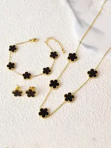 2026 New Classic Stainless Steel Pearl Shell Lucky Five-Leaf Flower Jewelry Set, Bracelet Necklace Earrings, Casual All Seasons Gift