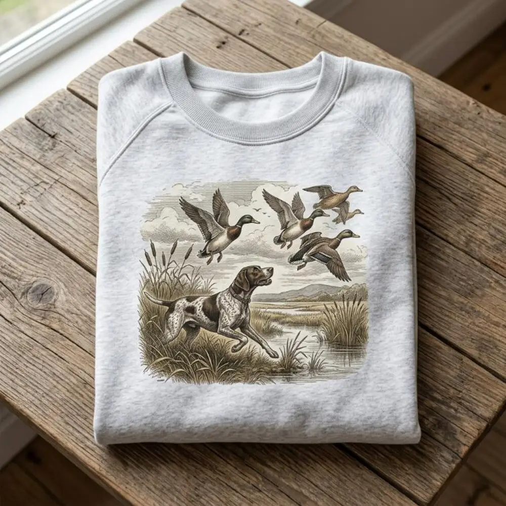 Women's Vintage German Shorthaired Pointer (GSP) Fitted Hoodie - Retro Waterfowl Print Ducks Graphic, Marsh Wildlife Nature Art, Polyester-Cotton Crew Neck Unisex Sweatshirt #235 (Do Not Dry Clean), Pullover Hoodie, Flying Ducks Art, Round Neck, Duck Grap