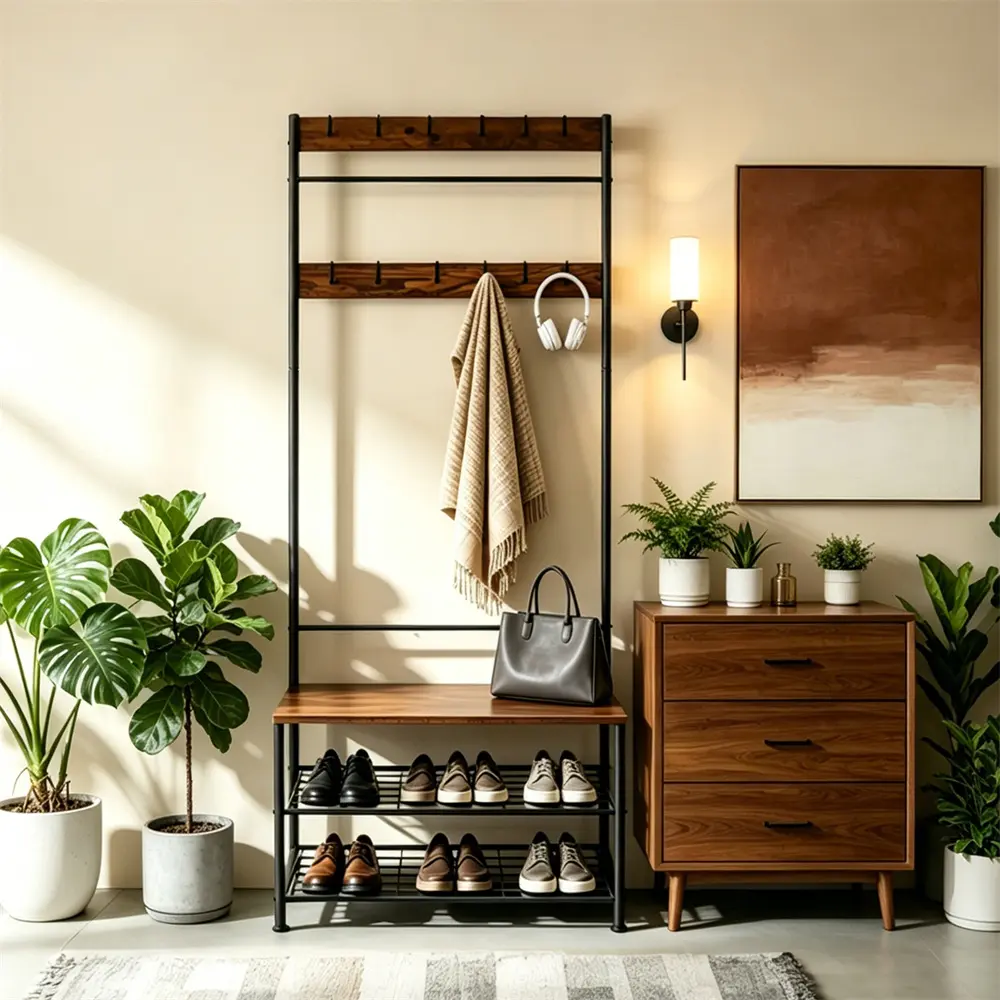 3-in-1 Hall Tree with Shoe Storage Bench and 12 Hooks, Entryway Coat Rack Mudroom Shoe Changing Seat Stand, Industrial Rustic Brown Metal Frame Anti-Tip Kit Easy Assembly