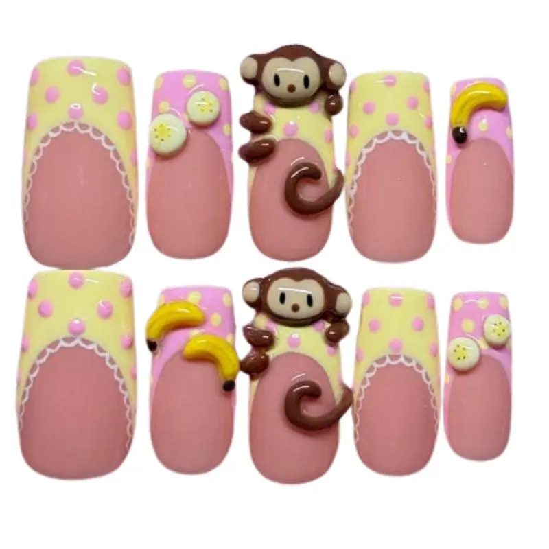 S106 Katy Nails – Cartoon Monkey Press-On Nails, 3D Banana Accents, Pink & Yellow Polka Dots, Handmade Cute Style, Gifts For Her