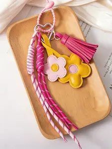 Bag Chains Contrast Color Leather Floral Woven Bag Charm Purse Charm Keychain Yellow And Black Flowers+Tassels Contrast Color Both Decorative And Anti-Lost Functions Gifts For Friends For Bag Keys, Bag Accessories