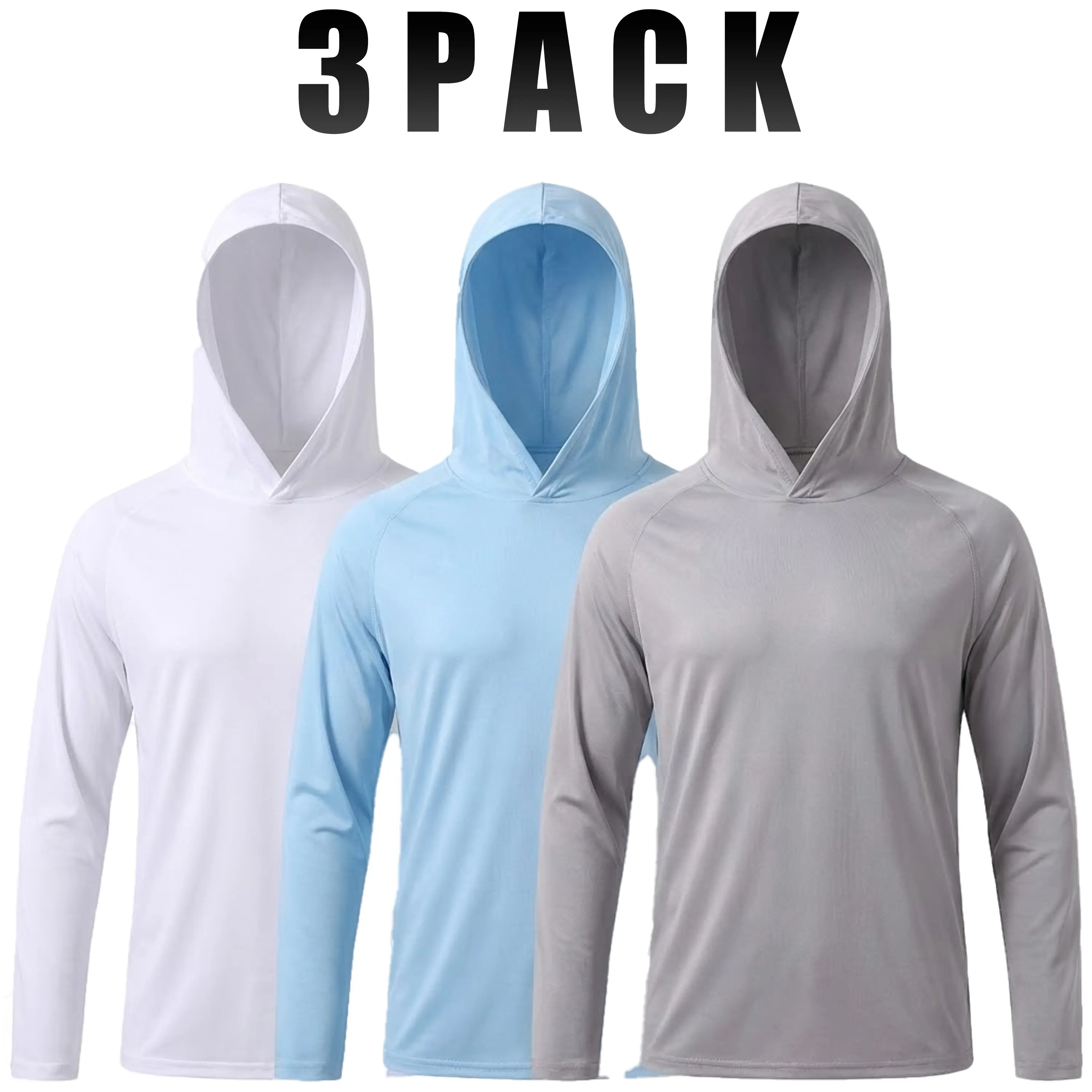 Men's 3-Pack Rash Guards, Fitted Long-Sleeve Performance Tops with UPF 50+ Sun Protection & Thumbholes, Quick-Dry Moisture-Wicking for Outdoor Running & Fishing