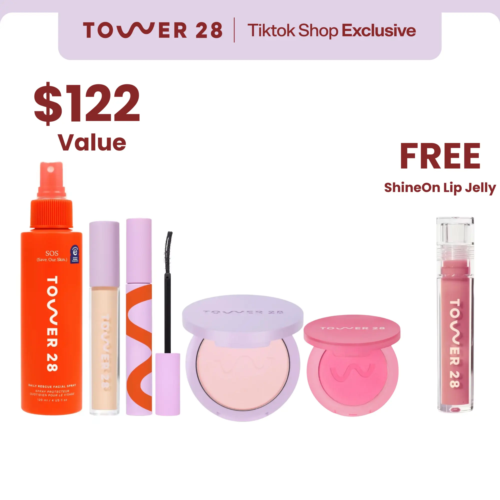 Tower 28 Full Routine Set: SOS Spray, Concealer, Setting Powder, Blush, Mascara & FREE Lip Jelly