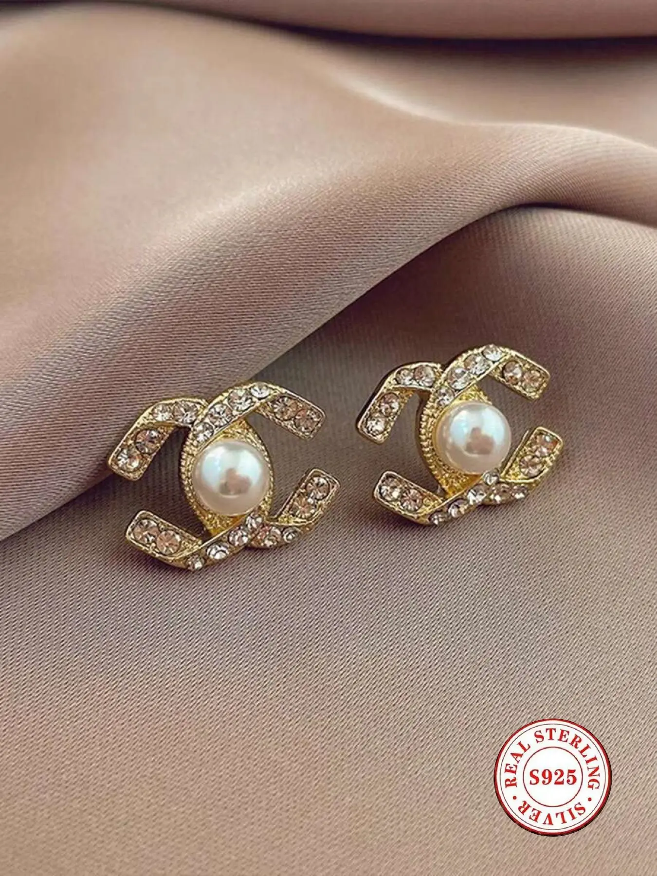 S925 Sterling Silver Double C Pearl Stud Earrings, Fashion Earrings, Dainty Earrings, Hypoallergenic Gold Plated CZ Crystal Earrings, Elegant Small Style Jewelry for Women, Perfect for Daily Wear & Gifting, Zircon Stud Earrings