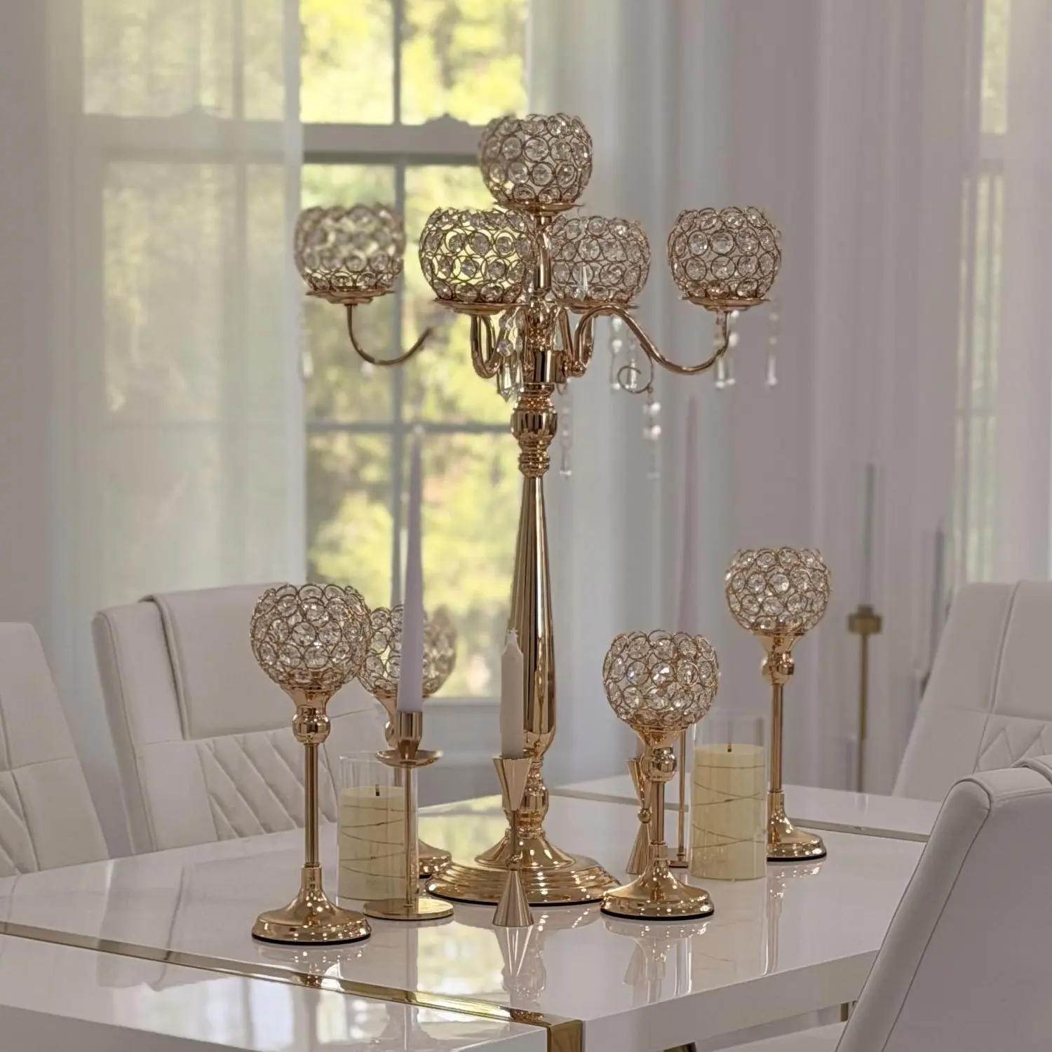 VINCIGANT Gold Candelabra Centerpiece for Wedding 5 Arm Crystal Floor Candlestick Holders for Table Birthday Halloween Christmas