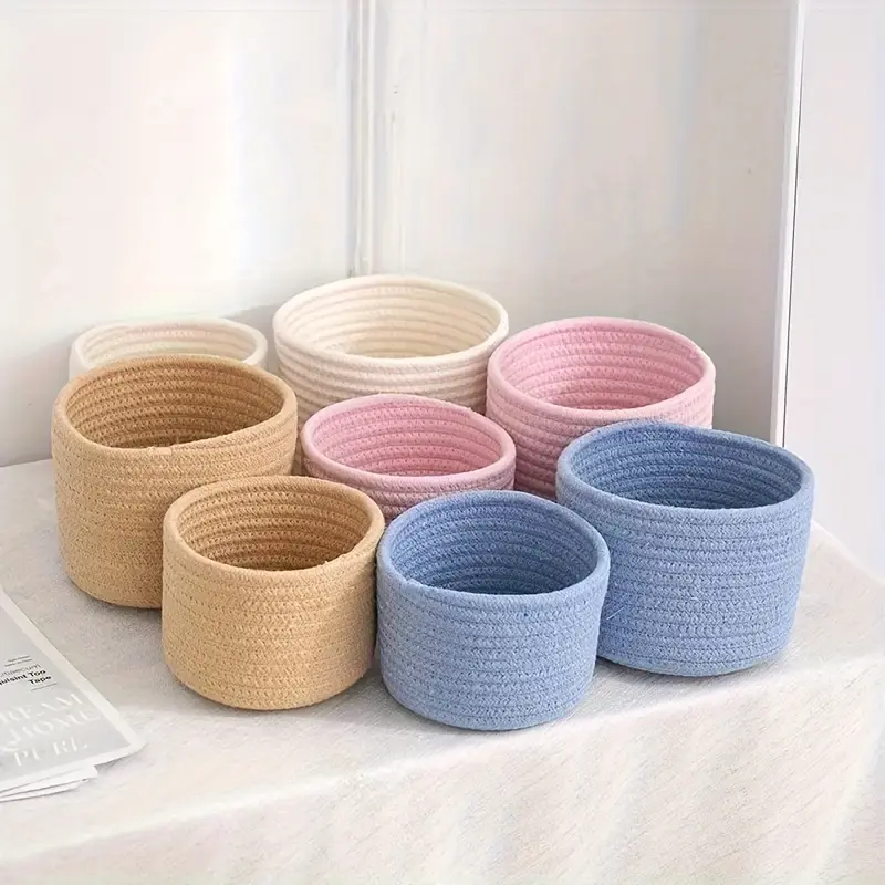 2Pcs Hand-Woven Minimalist Cotton Rope Foldable Round Bins Set Pack - Small Dual Sizes Household Desktop Organizer for Vanity Makeup, Keys