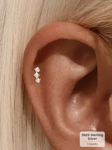 Single Unit (Flat-Back Piercing) — Gold-Tone — S925 Sterling Silver Cartilage Piercing Earring featuring a Triple-Diamond Cluster, Flat-Head Design, and Threaded Backing. Ideal for women's daily wear, as well as special occasions such as weddings, parties