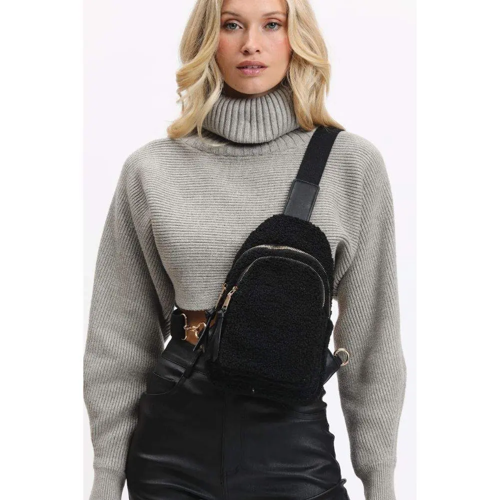 ACE Furry Sherpa Sling Backpack - Unisex Fuzzy Backpack with Furry Look, Multiple Zipper Pockets, Pull Tab, Everyday Lightweight Casual Daypack