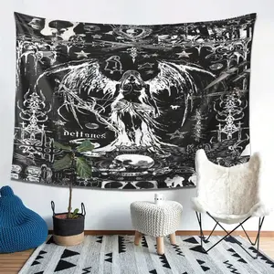 Gothic-Inspired Tapestry with Angel and Skull Design - Black and White Polyester Wall Hanging, Perfect for Living Room, Bedroom, Office Decor - Ideal Gift for Music Lovers, Gothic Home Decor