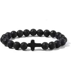 8MM Ornament Lava Volcanic Stone Beads Turquoise  Elastic Stretch Bracelet Religion Bangle for Women Men