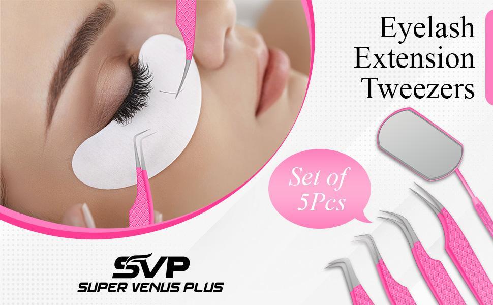SV Fiber Tip Lash Tweezers For Eyelash Extensions With Diamond Grip, Professional Lash Tweezers Set of 5 - Precise Tips Japanese Steel for Classic, Volume & Mega Volume Lashes with Travel Case Box