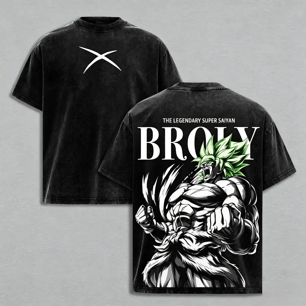 Men's Oversized Tee with DBZ Broly Anime Print - Vintage Washed Cotton, Casual Crew Neck Streetwear & Gym Pump Cover, Retro Look, Broly Theme, Bold Graphic, Dbz Anime Legendary Saiyan, Loose-Fitting, Short