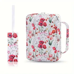 1 Butterfly Garden Flower Tote Bag, New Oxford Bag for School Supplies Storage, Floral Bible Case with Handle and Zippered Back Pocket, Portable Bible Tote Bag with Bookmark, Christian Gift, for Study, Outdoor, Daily Commuting