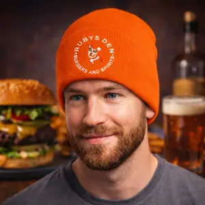 Rubys Den Winter Beanie - Orange Knit Hat with Embroidered Logo for Cold Weather Comfort