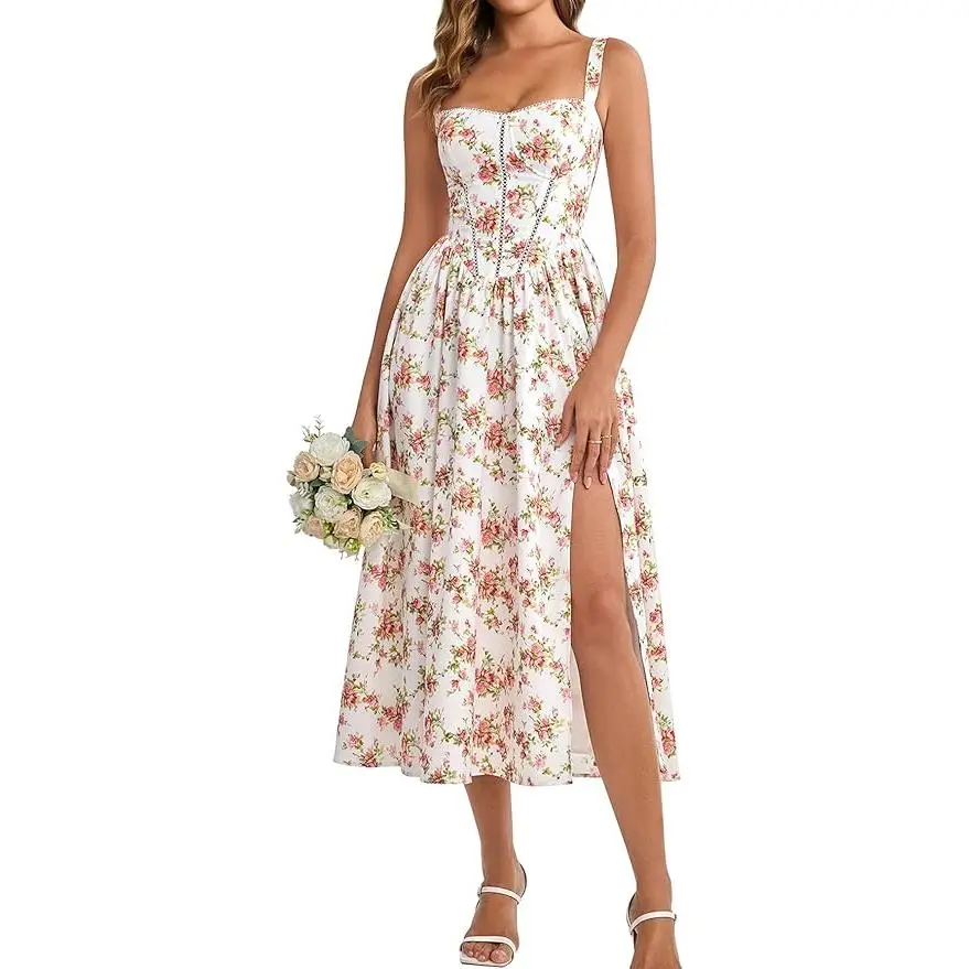white christmas dresses Blue Floral Corset Midi Dress | Off-Shoulder Wedding Guest Dress with  Pockets & Slit main image 1