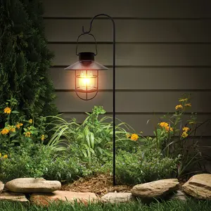 Elegant Black Metal Solar Lantern Floor Plug with Warm Yellow Light - Ideal for Garden, Trail, and Outdoor Decor, IP44 Rating, Solar Charged Nickel Battery, Capacity, Push Button Control, Modern Garden Lamp | Durable Solar Panel, Solar Lanterns