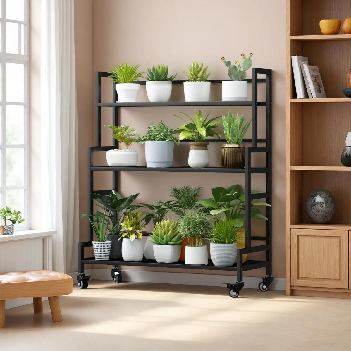 Plant Stand Indoor 3 Tier Metal Outdoor Tiered Stands Shelf With wheel for Multiple Plants Potted Ladder Plant Holder Table Plant Pot Stand for Window Garden Balcony Living Room