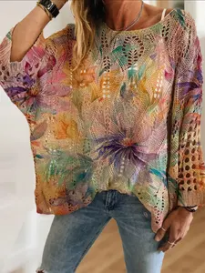 Spring Summer Women's Off-Shoulder Batwing Sleeve Knit Blouse Top with Colorful Floral Print, Lightweight Breathable Long Sleeve, Casual Elegance, Womenswear